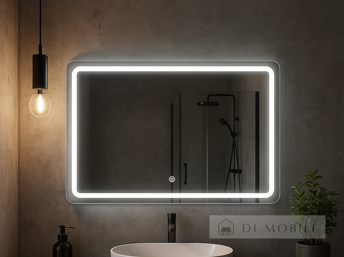 Oglindă dreptunghiulară cu margini rotunjite cu iluminare frontală de fond