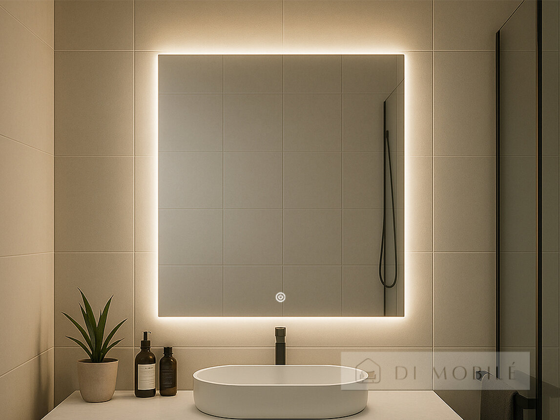 Oglindă rotundă cu fundal și iluminat frontal